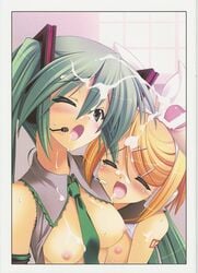 2girls blonde_hair blush breasts censored closed_eyes cum detached_sleeves female female_only green_eyes green_hair hatsune_miku headphones highres himukai_kyousuke kagamine_rin long_hair moire multiple_girls necktie nipples ribbon scan short_hair studio_himawari thighhighs tied_hair twintails vocaloid wince