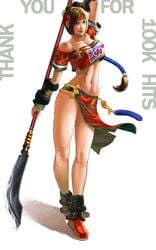 1girls abs bare_legs bare_shoulders boots braid breasts brown_hair cleavage female female_only hair_tubes headband highres human human_only midriff polearm ponytail sarong seong_mi-na solo soul_calibur spear tied_hair toned vambraces weapon woldo