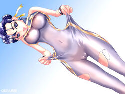 blue_eyes blue_hair bodysuit breasts cameltoe chun-li double_vertical_stripe female female_only human nipples pussy see-through skin_tight smile solo straight_hair street_fighter street_fighter_alpha tight_clothing torn_clothes uncensored underboob