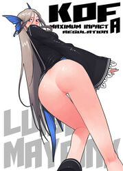 ass blue_eyes blush bottomless butterfly_hair_ornament female female_only from_behind from_below g-room_honten hair_ornament human king_of_fighters king_of_fighters_maximum_impact long_hair looking_back luise_meyrink mole no_panties pussy silver_hair snk solo uncensored