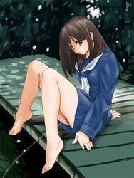 animated baggy_clothes barefoot blush brown_eyes brown_hair bucho clothing feet female legs no_panties original outdoors outside peeing pussy school_uniform serafuku sitting skirt solo toes uncensored urination urine young