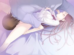 69 bed_sheet blush bottomless brown_hair closed_eyes cum cunnilingus fellatio game_cg haimura_kiyotaka kagami_kouhei kirimiya_mizuki long_hair oral penis purple_hair sheets uncensored yume_miru_kusuri