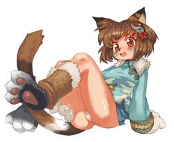 1girls animal_ears aoneko blush brown_hair cat_ears chinese_clothes hair houjou_no_nene mittens onmyou_taisenki panties short_hair solo tail underwear white_background