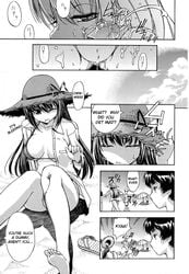 breasts cum female highres huge_breasts inu777 manga midriff monochrome swimsuit translated