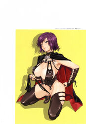 1girls blush breasts cape chaps choker cleavage crotch_rub dominatrix erect_nipples female female_only happoubi_jin highres huge_breasts jewelry leather masturbation purple_hair pussy_juice ring scan short_hair solo sweet_body thighhighs whip