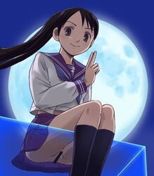 against_glass ass_on_glass bar_censor black_hair bottomless brown_eyes censored color haruyama human kekkaishi long_hair moon night no_panties partially_clothed ponytail pussy_on_glass school_uniform sitting skirt smile solo tied_hair yukimura_tokine