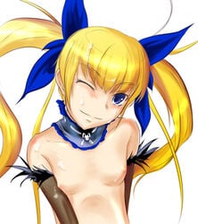 1girls asaki_yuki blonde_hair blue_eyes blush breasts bunny bust choker cum cum_on_body cum_on_breasts cum_on_hair cum_on_upper_body elbow_gloves facial female flat_chest fur_trim gloves gunbird hair_ribbon head_tilt long_hair marion nipples nude pom-pom pom_poms ribbon simple_background smile solo tied_hair twintails wink