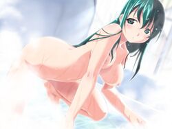 ai_(popotan) bath bent_over blush breasts censored convenient_censoring game_cg green_eyes green_hair large_breasts long_hair nude popotan steam watanabe_akio wet