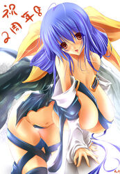 1girls ass blue_hair breasts clothing dizzy_(guilty_gear) fct guilty_gear huge_breasts long_hair looking_at_viewer open_mouth red_eyes solo tail text thighhighs white_background white_skin wings