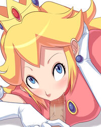 blonde_hair blue_eyes crown dress earrings elbow_gloves eye_contact fellatio female gloves hair hand_on_own_head hat human jewelry looking_at_another male mario_(series) nintendo oral penis pov princess princess_peach royalty saliva sawao smooth_skin straight suck sucking tip_nibble uncensored