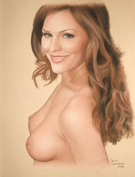 2008 breasts brown_eyes brown_hair detailed ernie_centofanti female female_only human katharine_mcphee looking_aside looking_at_viewer medium_eyes nipples nude pale_skin parted_lips real_person realistic side_view simple_background smile solo tagme wavy_hair