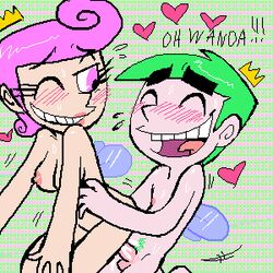 1boy 1boy1girl 1girls 4_fingers blush cosmo_cosma eyelashes female green_hair gyem hearts humanoid light-skinned_male looking_at_another male married_couple nickelodeon nicktoons nude pale_skin pink_eyes pink_hair sex straight_hair straight_sex tagme the_fairly_oddparents wanda_fairywinkle-cosma