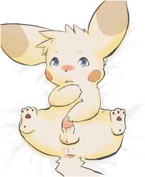 3_toes anus black_nose blue_eyes blush color ears erection front_view fur furry looking_at_viewer lying male male_only mek nintendo nude on_back open_eyes paws penis pikachu pokemon solo tagme testicles