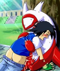 ass beige_skin black_hair blush closed_eyes clothes color day female fingerless_gloves g-sun gloves hair human interspecies latias male nintendo nude open_mouth outdoors pants_down pokemon pokemon_(species) satoshi_(pokemon) sex shirt sweat