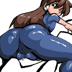 1boy ass capcom femboy green_eyes male_only mega_man mega_man_zx scrotum solo solo_male spandex sub_tank vent_(mega_man) very_long_hair