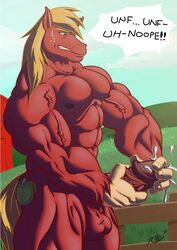 2014 abs anthro barn biceps big_macintosh_(mlp) blonde_hair cum cumshot dialog earth_pony edging equine farm fence freckles friendship_is_magic fur green_eyes hair kyuuhari large_muscles large_penis male male_only mammal masturbation muscles my_little_pony orgasm pecs penis pony solo testicles text thick_penis uncensored vein what