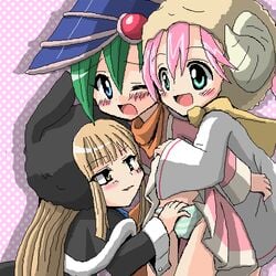 3girls blue_eyes card_ejector ebon_magician_curran green_eyes lowres multiple_girls panties sisters twins underwear white_magician_pikeru yellow_eyes yu-gi-oh! yuri