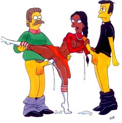 1girls abom breasts cum cum_inside dark-skinned_female dark_skin female indian interracial manjula_nahasapeemapetilon ned_flanders the_simpsons timothy_lovejoy