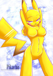 anthro anthrofied arms_behind_head breasts closed_mouth color female female_only front_view fur furry furry_breasts furry_ears looking_at_viewer nintendo nude open_eyes pikachu pointy_ears pokemon pose purple_eyes solo species_name standing tail yellow_fur