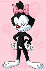 2006 animaniacs black_fur bow brainsister color dot_warner female female_only feral fur hands_on_hips nude pussy red_nose ribbon solo standing tagme vulva white_fur