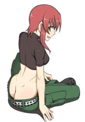 ass_cleavage babydoll_t-shirt back belt butt_crack cargo_pants caryo clothing crop_top crossed_legs dimples_of_venus downpants from_behind grin kaibutsu_oujo legs_crossed looking_back lowres monster_princess nanashino no_panties orange_eyes payot princess_resurrection red_hair riza_wildman short_hair simple_background sitting sitting_indian_style smile solo tomboy unaware