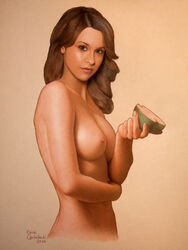 2010 apple breasts brown_eyes brown_hair detailed ernie_centofanti female female_only holding_food holding_object human lacey_chabert looking_aside looking_at_viewer medium_eyes nude real_person realistic side_view solo tagme