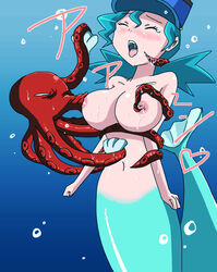 beige_skin blue_tail breasts closed_eyes color female female_focus hat human interspecies mermaid nintendo nipples octillery officer_jenny_(pokemon) open_mouth pokemon pokephilia tagme tentacle_rape underwater unknown_gender