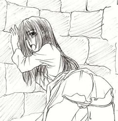 against_wall ass black_eyes blush clothing dress hair_over_one_eye imminent_rape long_hair monochrome open_mouth panties panty_pull rough_sketch the_ring underwear well yamamura_sadako