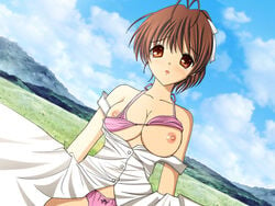 artemisumi blush bow bow_panties bra breasts clannad cleavage clothing dress dutch_angle furukawa_nagisa large_breasts lingerie nagisa_furukawa nipples off_shoulder panties pink_bra pink_panties short_hair strap_slip tears underwear wardrobe_malfunction