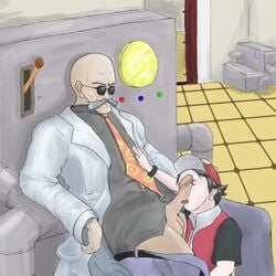 bald blaine_(pokemon) clothes color glasses hat human indoors katsura_(pokemon) licking male male_only multiple_males necktie nintendo penis pokemon red_(pokemon) tagme yaoi