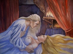 1boy 1girls areolae artist_signature bedroom blonde_female blonde_hair breasts candle celeborn color elf elf_ears female galadriel long_hair lord_of_the_rings male nipples_visible_through_clothing straight tagme