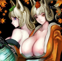 animal_ears asanuma blue_eyes breasts cleavage fox_ears huge_breasts japanese_clothes kongiku looking_at_viewer looking_back muramasa_the_demon_blade nipple_slip nipples yukata yuzuruha