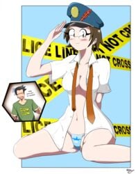 1boy 1girls 2010 brown_hair capcom cleavage dick_gumshoe female glasses gyakuten_saiban inner_sideboob light-skinned_female light-skinned_male maggey_byrde necktie nnyknife777 police_hat salute short_hair unbuttoned_shirt underwear wearing_others_clothes