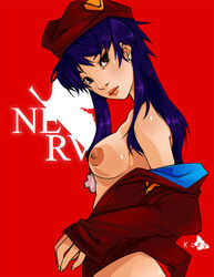 1girls bare_shoulders beret breasts brown_hair clothing female female_only hat human jacket kuroichoucho large_breasts light-skinned_female light_skin long_hair misato_katsuragi neon_genesis_evangelion nerv nipples purple_hair solo tagme