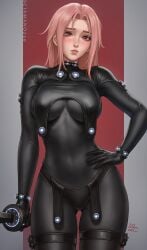 2020s 2022 artist_name bangs black_bodysuit blush bodysuit breasts chloe_(sciamano240) closed_mouth commentary cowboy_shot dated english_commentary eyelashes female freckles gantz gantz_(cosplay) gantz_suit hand_on_hip hartman_hips highres holding holding_sword holding_weapon large_breasts legs_apart lips long_hair looking_at_viewer original parted_bangs pink_hair png red_eyes sciamano240 signature skin_tight skintight_bodysuit solo standing sword taut_bodysuit thigh_gap thigh_strap weapon