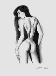 1girls 2003 artist_signature arwen_undomiel ass black_hair cowboy_shot elf elf_female female female_only long_hair lord_of_the_rings monochrome nude nude_female sketch solo solo_female tagme white_background