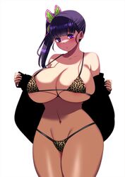 1girls alternate_breast_size alternate_costume big_breasts bikini blush breasts butterfly_hair_ornament cheetah_print demon_slayer female hair_ribbon huge_breasts kimetsu_no_yaiba large_breasts leopard_print perepere-kun ponytail purple_eyes purple_hair side_ponytail solo standing swimsuit thick_thighs thighs tsuyuri_kanao white_hair wide_hips