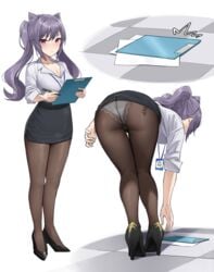 1girls ass ass_up bending_forward bending_over big_breasts blush body_writing breasts genshin_impact heels high_heels keqing_(genshin_impact) looking_at_viewer office_lady panties pantyhose pencil_skirt purple_eyes purple_hair shengtian skirt_lift tally_marks thick_thighs thighs tight_clothing twintails