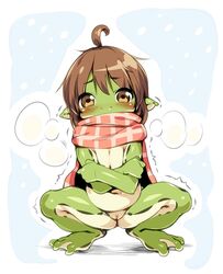 2021 amphibian animal_humanoid animal_transformation anthro blushing chubby_female cold crossed_arms crouching digital_media_(artwork) female frog genitals hi_res mostly_nude original original_character oseron pussy scarf scarf_only shaking shivering solo transformation trembling visible_breath worried