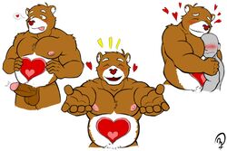 3:2 anthro balls belly belly_markings biceps blush care_bears cute_face duo erection faceless_character faceless_male fur genitals glans head_on_chest heart heart_marking hi_res hug hug_invitation human humanoid_genitalia humanoid_penis love makidotsukashi male male/male male_only mammal markings muscular muscular_anthro muscular_male nipples nude pecs penis pink_glans pubes slightly_chubby tenderheart_bear ursid ursine