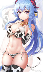 adeptus big_breasts bikini blue_hair breasts cow_bell cow_ears cow_girl cow_print cow_print_bikini cow_tail ganyu_(genshin_impact) genshin_impact horns lingerie meruna purple_eyes qilin thick_thighs thighhighs thighs