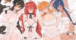 4girls barely_clothed barely_contained big_breasts blue_eyes blue_hair blush breasts brown_hair diluc_(genshin_impact) fishnets genderswap genderswap_(mtf) genshin_impact ginger kaeya_(genshin_impact) lace lingerie midriff multiple_girls navel orange_hair red_eyes red_hair rule_63 tabibitowayo tartaglia_(genshin_impact) thick_thighs thighhighs thighs yellow_eyes zhongli_(genshin_impact)