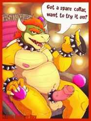 2021 accessory anthro astrograph balls bara border bowser bowser_day cock_ring collar dialogue digital_media_(artwork) english_text erection fingers foreskin genitals humanoid_genitalia humanoid_penis jewelry koopa looking_at_viewer male male_only mario_(series) nintendo nipples nude open_mouth penis penis_accessory penis_jewelry red_border scalie solo speech_bubble spiked_collar spikes talking_to_viewer text video_games