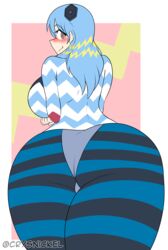 arms_crossed_under_breasts ass ass_focus blue_hair blush brown_eyes crysnickel female female_only guts_seijin huge_ass looking_at_viewer looking_back pov_ass simple_background striped_legwear thick_ass thick_thighs tight_clothing ultra_kaijuu_gijinka_keikaku ultraman_(franchise)