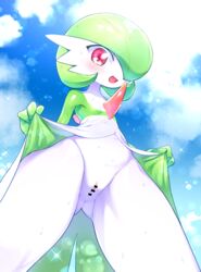 1girls belly blue_sky blush bodily_fluids butt_from_the_front censor_bar censored clothed clothing clothing_lift cloud dress dress_lift exposed_crotch female female_gardevoir female_only flat_chested gardevoir genitals green_hair hair humanoid ineffective_censorship low-angle_view mizo_ne navel nintendo not_furry perineum pink_eyes pokémon_(species) pokemon pokemon_(species) pokemon_rse pseudo_clothing pseudo_clothing_lift pussy sky solo sweat thick_thighs video_games white_body white_skin wide_hips