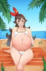 1girls amber_(genshin_impact) breasts claraspregs cleavage female female_only genshin_impact huge_belly linea_nigra pregnant ready_to_pop solo