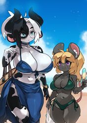 2girls alejandra_coldthorn anthro beach big_breasts bikini black_hair blonde_hair blue_eyes bovine bracelet breast_size_difference cow_ears cow_horns cow_print eye_contact female female_only glasses grey_fur handbag hi_res horns ice_cream imminent_breast_sucking las_lindas licking_lips long_hair looking_at_another mouse mouse_ears mouse_tail murine plastic_bag ponytail purple_eyes seaside size_difference sky tail thick_thighs tootsie_roswell two_tone_hair veil white_fur white_hair zanamaoria