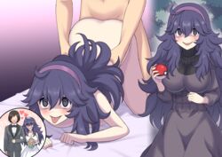 1boy 1girls @_@ all_fours ambiguous_penetration ass_up bed blush breasts eye_contact female grabbing_from_behind hairband hex_maniac light-skinned_female light-skinned_male light_skin looking_at_viewer nintendo on_bed penetration pokemon pokemon_xy poruporu purple_eyes purple_hair sex tongue_out top-down_bottom-up