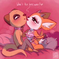 1:1 aggressive_retsuko antelope anthro blush bodily_fluids bovid bra chief_komiya clothed clothing digital_media_(artwork) dominant dominant_female duo female femdom gazelle herpestid hi_res kissing lingerie male male/female mammal meerkat open_mouth panties saliva saliva_string sanrio simple_background sinkaraia sintastein smooth_fur tsunoda underwear