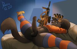 2020 absurd_res anthro artist_name australian_flag balls bed bedroom bedroom_eyes big_balls big_penis bottomless bottomless_anthro bottomless_male brown_body brown_fur brown_hair canid canine canis clothed clothing detailed_background digital_media_(artwork) duase eyelashes feet fingerless_gloves fingers fur furniture genitals girly gloves gun hair handwear hi_res hoodie huge_cock inner_ear_fluff inside long_socks looking_at_viewer lying male mammal narrowed_eyes navel on_back penis ranged_weapon rifle seductive sharp_teeth smile sniper_rifle solo spreading teeth topwear tuft vein weapon wolf yellow_eyes